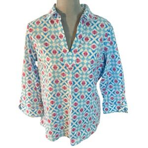 Foxcroft Womens Wrinkle-Free Shirt Sz 8 Cora Island Ikat Blue Pink Cotton Collar